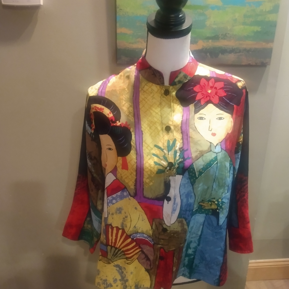 Vintage 80s Chico design art deco silk botton down blouse